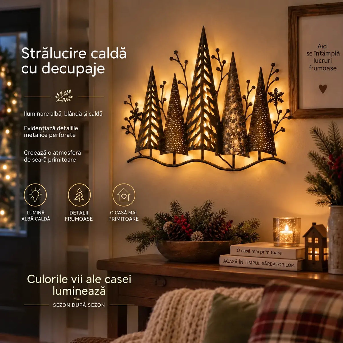🎄🕯️ Decorațiune metalică luminoasă de perete cu motiv de pădure, în stil vintage 🌙