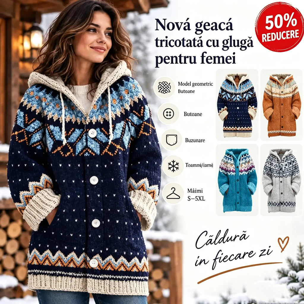 REDUCERE DE 50% ✨🔥 Nouă jachetă tricotată pentru femei, cu glugă, model geometric, închidere cu nasturi, toamnă/iarnă, mărimi S–5XL