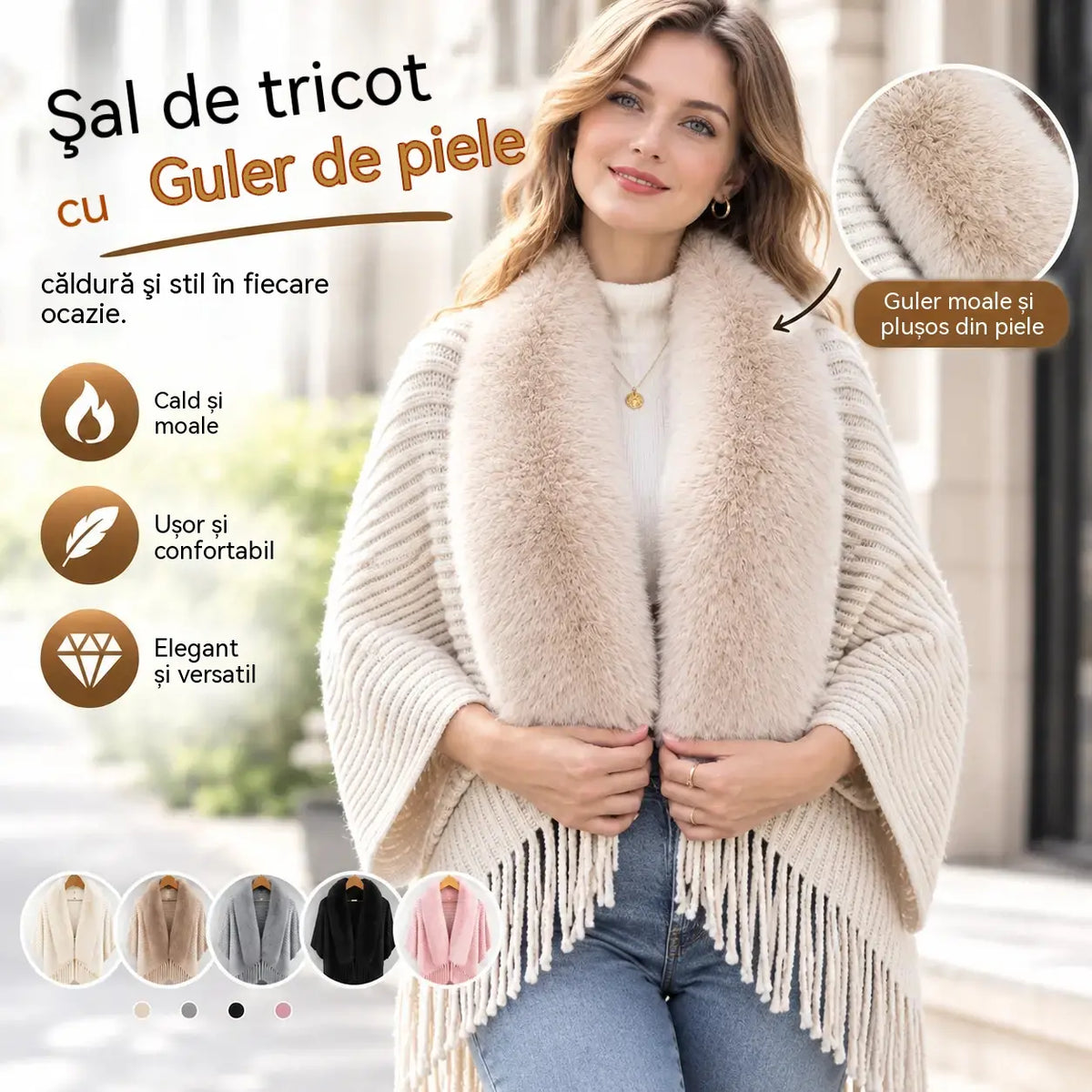 ❄️Un șal elegant și călduros din lână tricotată, cu guler de blană — potrivit pentru toate ocaziile, etalând un stil rafinat.