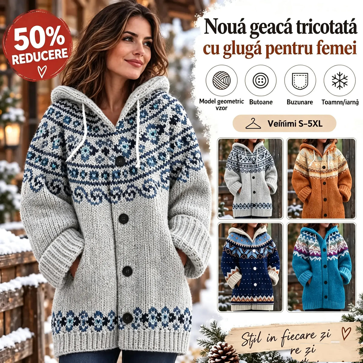 REDUCERE DE 50% ✨🔥 Nouă jachetă tricotată pentru femei, cu glugă, model geometric, închidere cu nasturi, toamnă/iarnă, mărimi S–5XL