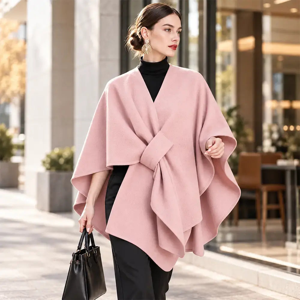 🧥 Șal tip Poncho Multifuncțional din Stofă pentru Toamnă-Iarnă! Design Elegant cu Prindere Suprapusă · Stil Versatil · Călduros și Confortabil!
