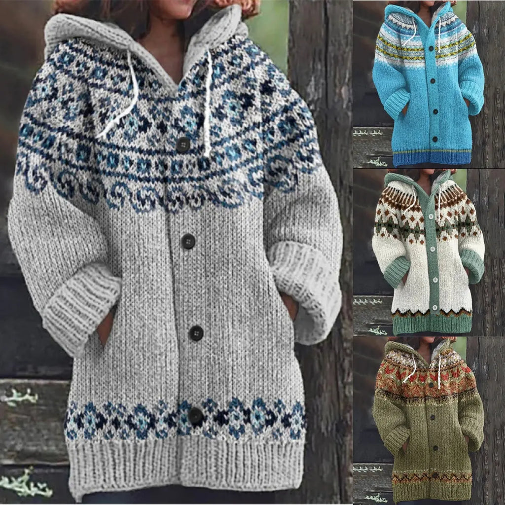 REDUCERE DE 50% ✨🔥 Nouă jachetă tricotată pentru femei, cu glugă, model geometric, închidere cu nasturi, toamnă/iarnă, mărimi S–5XL
