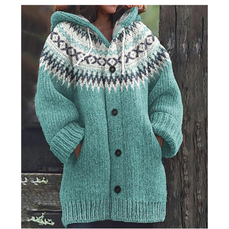 REDUCERE DE 50% ✨🔥 Nouă jachetă tricotată pentru femei, cu glugă, model geometric, închidere cu nasturi, toamnă/iarnă, mărimi S–5XL