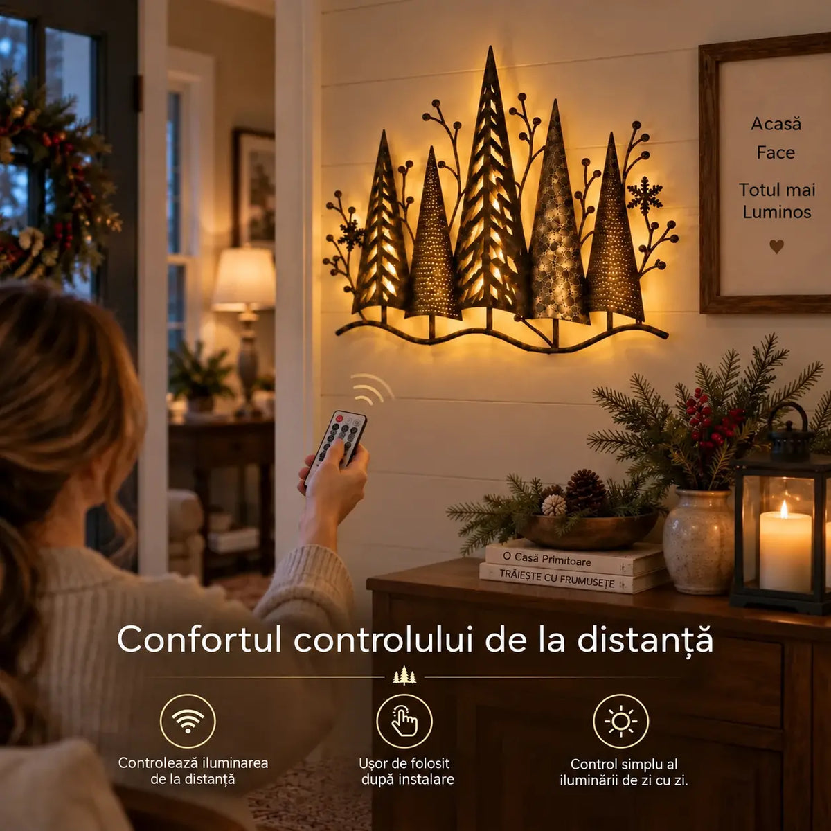 🎄🕯️ Decorațiune metalică luminoasă de perete cu motiv de pădure, în stil vintage 🌙