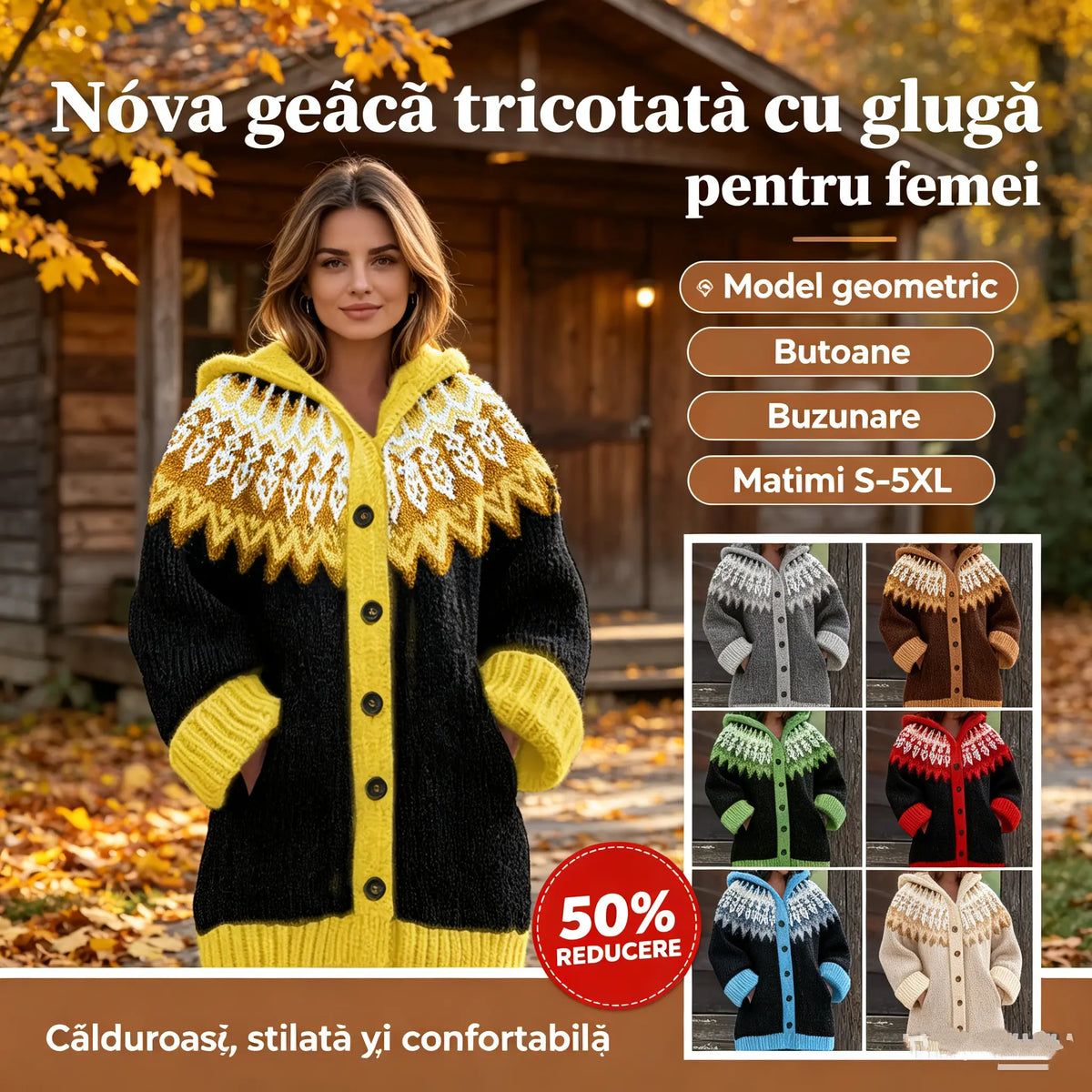 ✨✨【S~5XL】Jachetă elegantă, retro, colorată, cu imprimeu și glugă