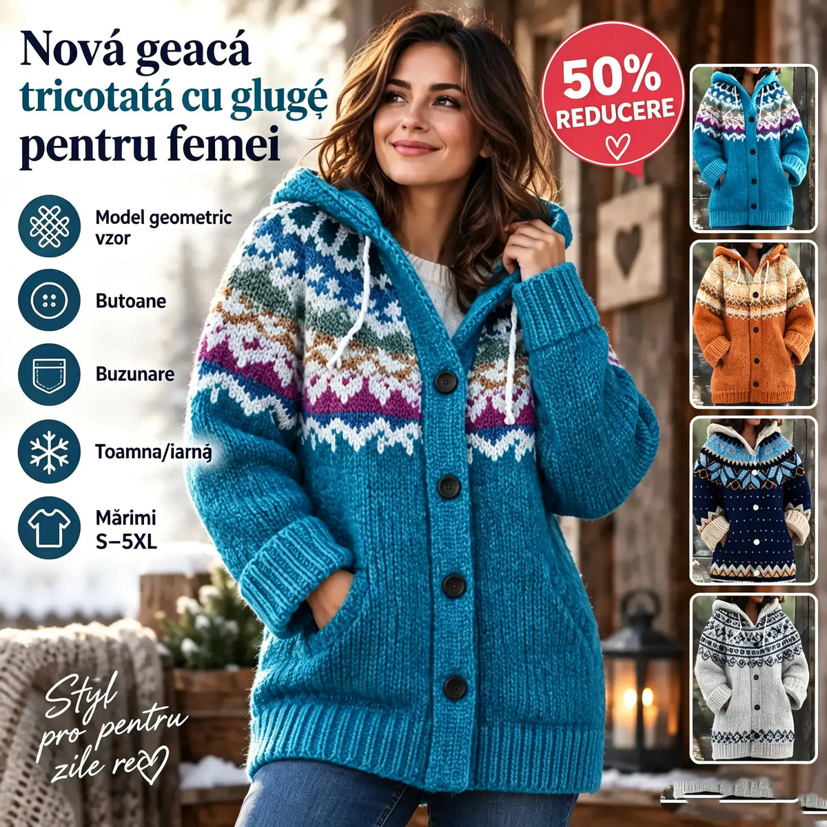 REDUCERE DE 50% ✨🔥 Nouă jachetă tricotată pentru femei, cu glugă, model geometric, închidere cu nasturi, toamnă/iarnă, mărimi S–5XL