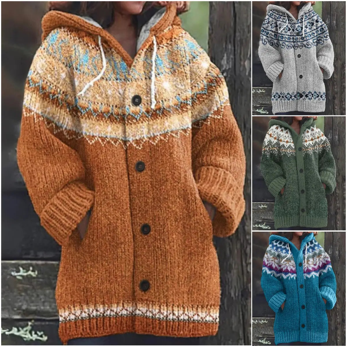 🔥REDUCERE DE 50%🔥 ✨Nouă jachetă tricotată pentru femei, cu glugă, model geometric, închidere cu nasturi, toamnă/iarnă, mărimi S–5XL