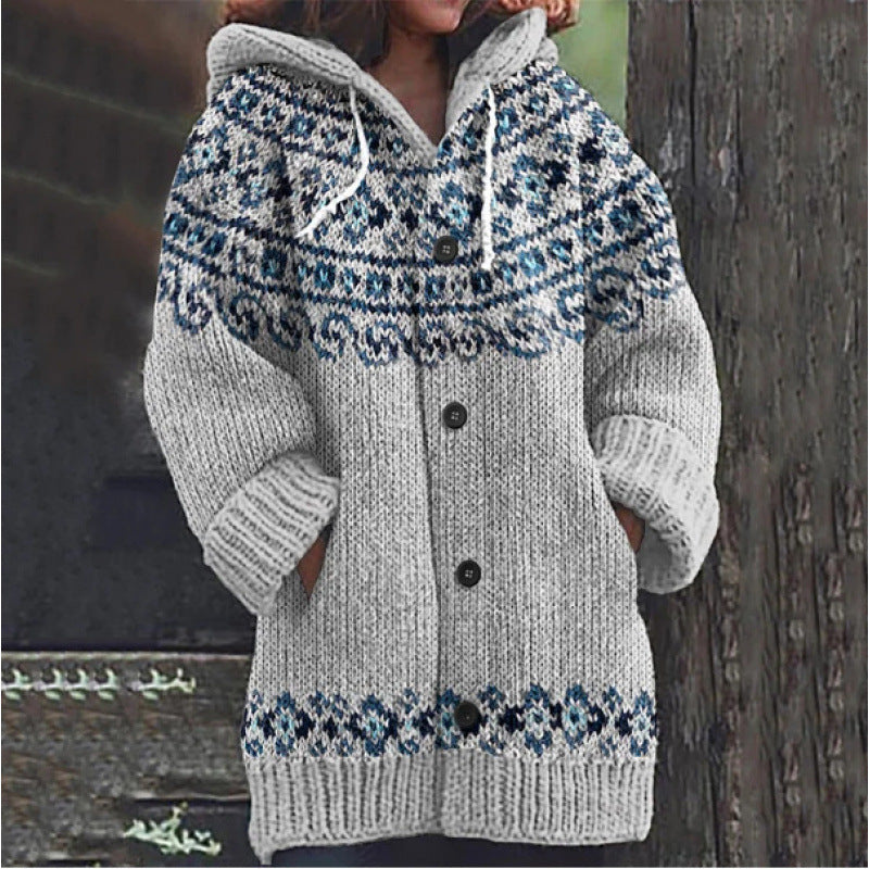 🔥REDUCERE DE 50%🔥 ✨Nouă jachetă tricotată pentru femei, cu glugă, model geometric, închidere cu nasturi, toamnă/iarnă, mărimi S–5XL