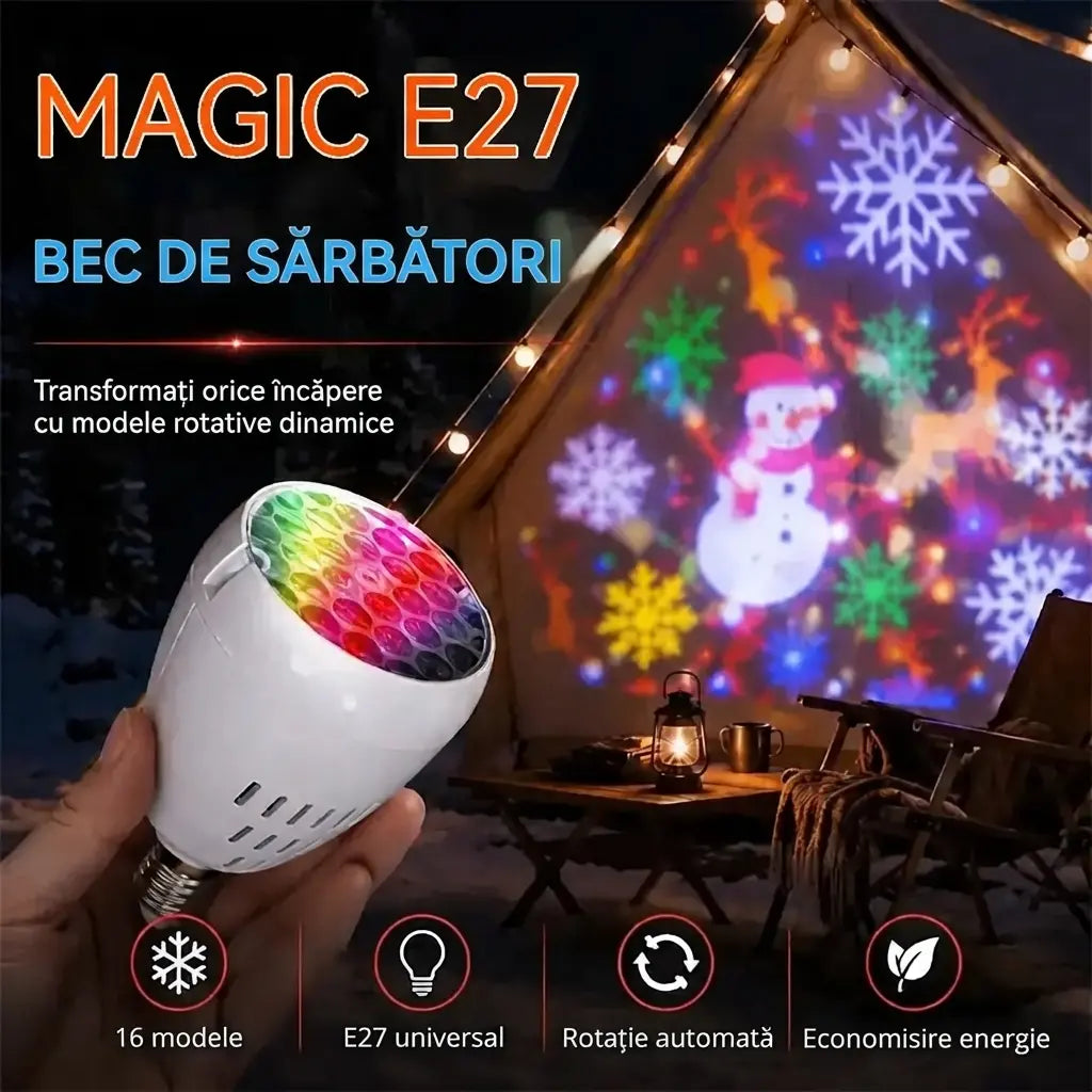 ✨ Bec LED cu proiecție pentru Crăciun (soclu E27) | 16 modele dinamice | Creează o atmosferă festivă în câteva secunde 🎄