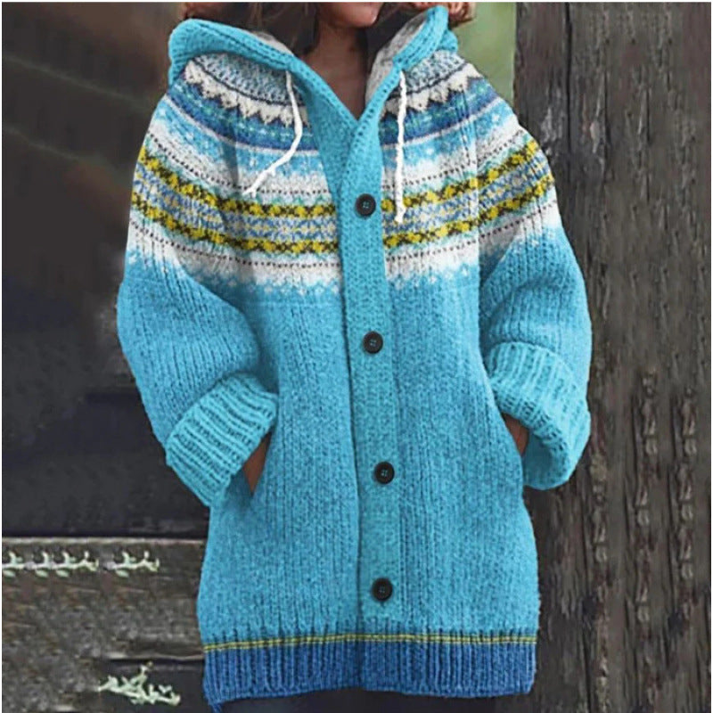 REDUCERE DE 50% ✨🔥 Nouă jachetă tricotată pentru femei, cu glugă, model geometric, închidere cu nasturi, toamnă/iarnă, mărimi S–5XL