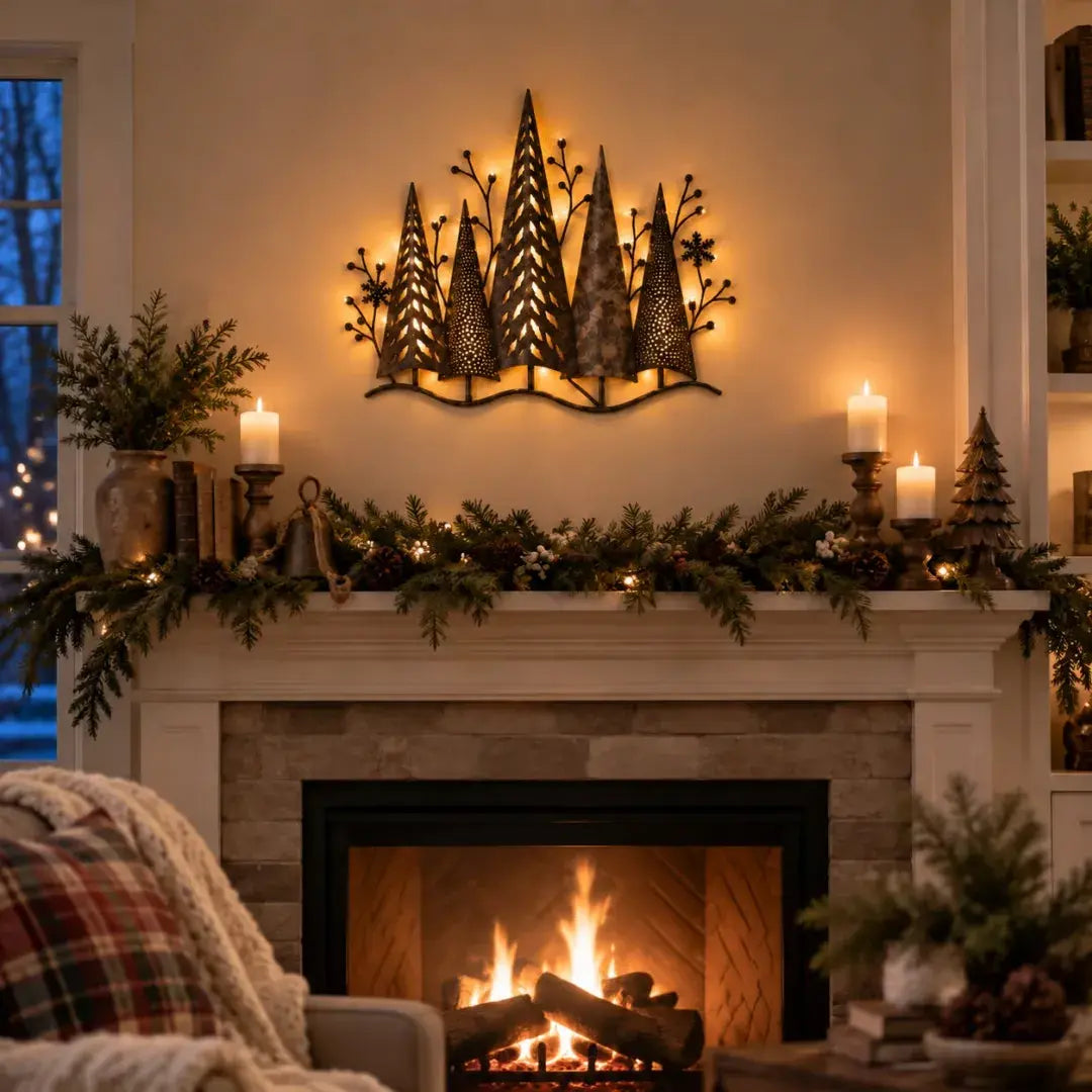 🎄🕯️ Decorațiune metalică luminoasă de perete cu motiv de pădure, în stil vintage 🌙