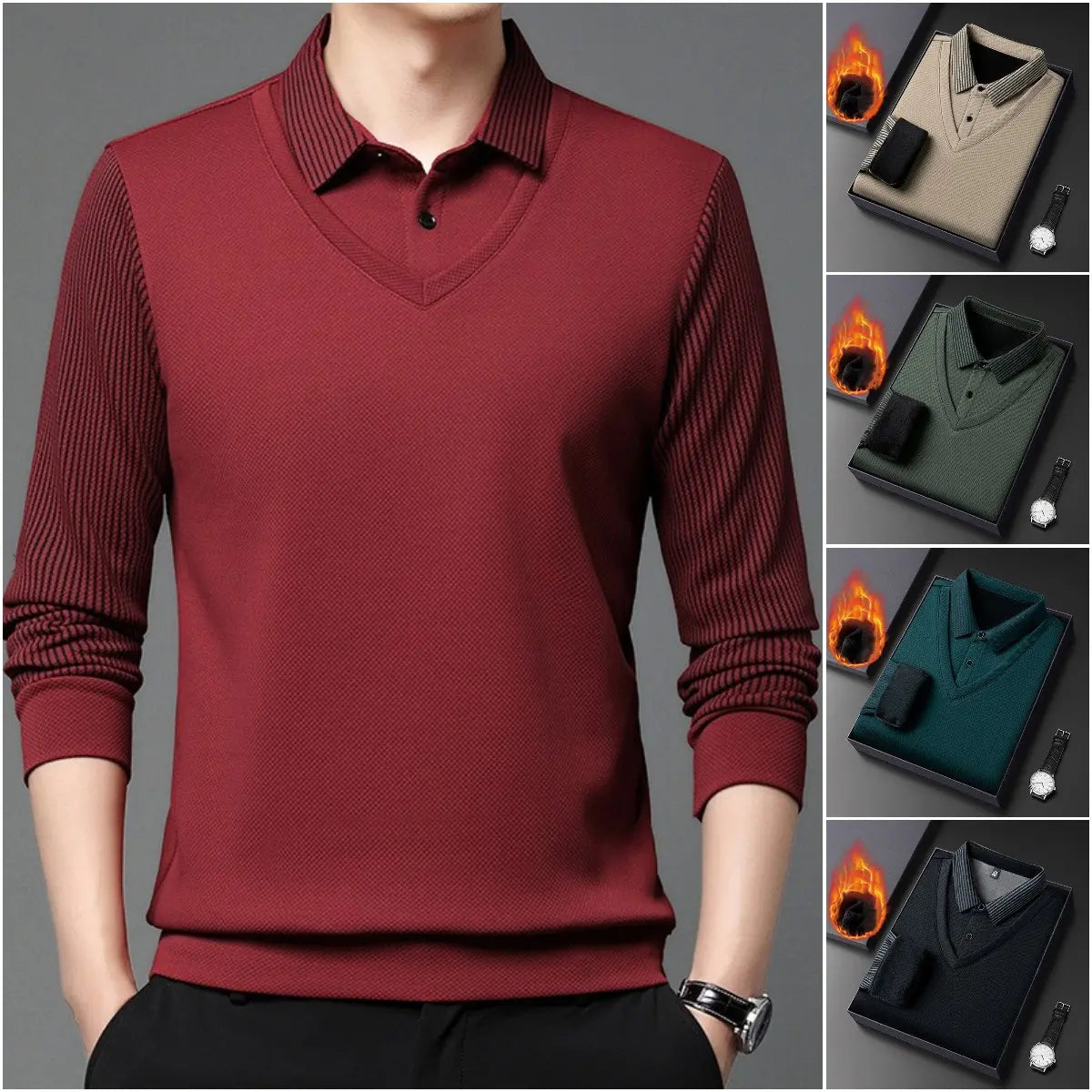 【M-4XL】Cămașă POLO fals din două piese cu dungi patchwork