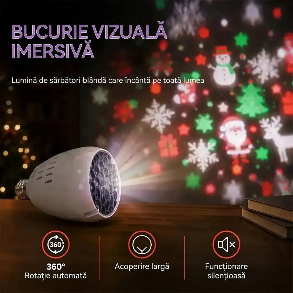 ✨ Bec LED cu proiecție pentru Crăciun (soclu E27) | 16 modele dinamice | Creează o atmosferă festivă în câteva secunde 🎄