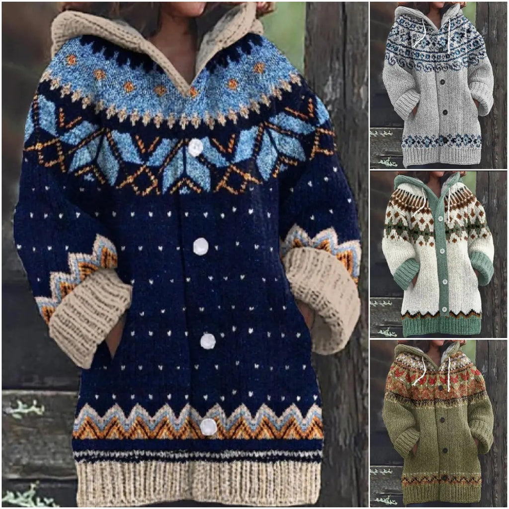 REDUCERE DE 50% ✨🔥 Nouă jachetă tricotată pentru femei, cu glugă, model geometric, închidere cu nasturi, toamnă/iarnă, mărimi S–5XL