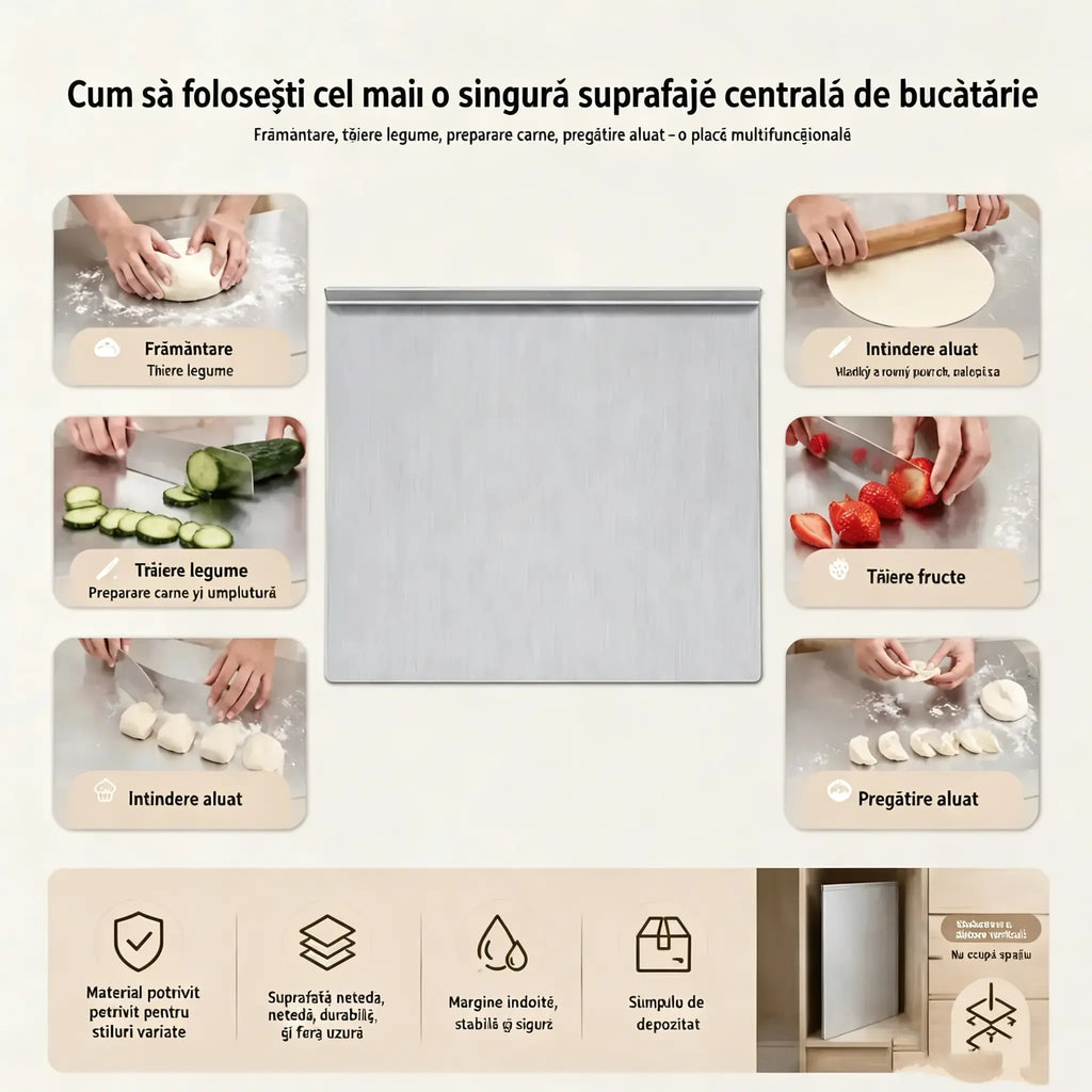 【Extra rezistentă】Placă de tăiat din oțel inoxidabil cu marginea îndoită – multifuncțională și stabilă, ideală atât pentru bucătăria profesională, cât și pentru gătitul acasă! ✨