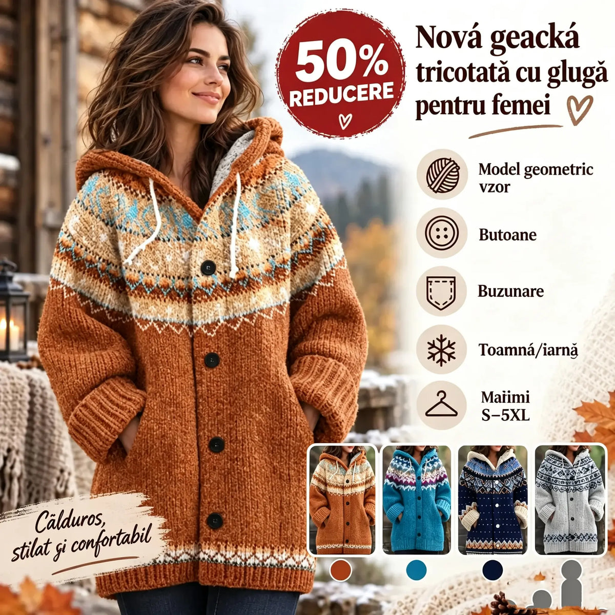 REDUCERE DE 50% ✨🔥 Nouă jachetă tricotată pentru femei, cu glugă, model geometric, închidere cu nasturi, toamnă/iarnă, mărimi S–5XL