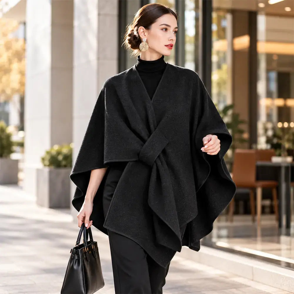 🧥 Șal tip Poncho Multifuncțional din Stofă pentru Toamnă-Iarnă! Design Elegant cu Prindere Suprapusă · Stil Versatil · Călduros și Confortabil!