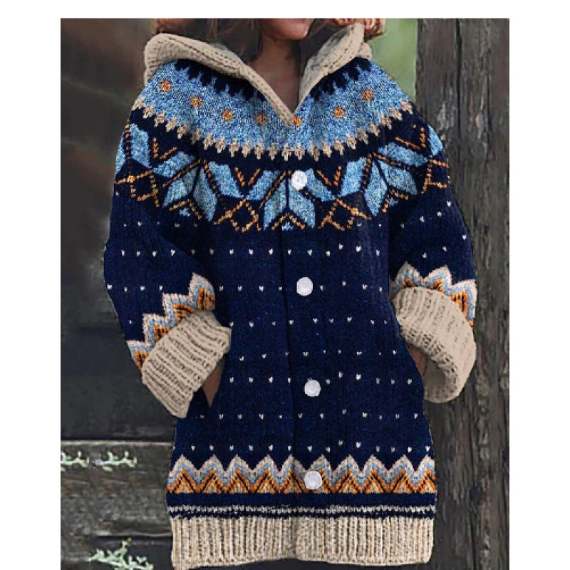 REDUCERE DE 50% ✨🔥 Nouă jachetă tricotată pentru femei, cu glugă, model geometric, închidere cu nasturi, toamnă/iarnă, mărimi S–5XL
