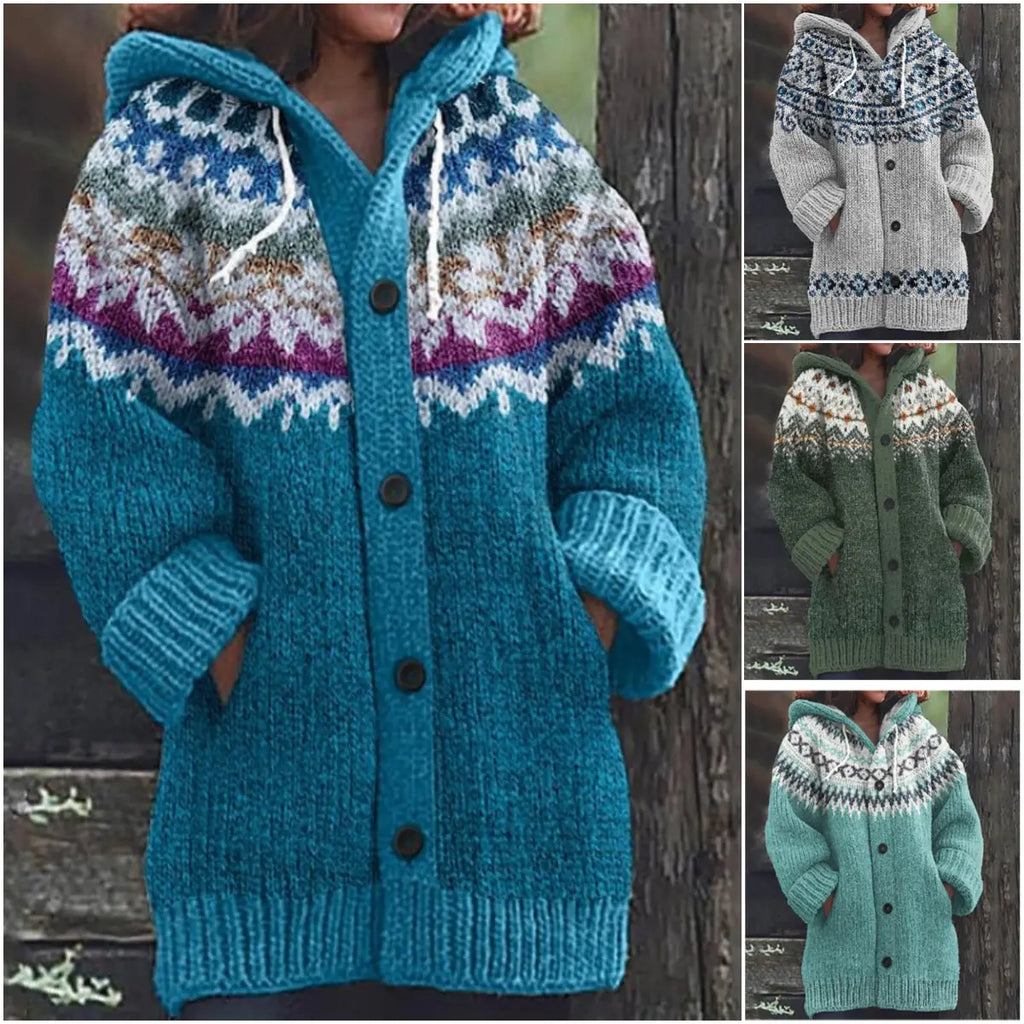 REDUCERE DE 50% ✨🔥 Nouă jachetă tricotată pentru femei, cu glugă, model geometric, închidere cu nasturi, toamnă/iarnă, mărimi S–5XL